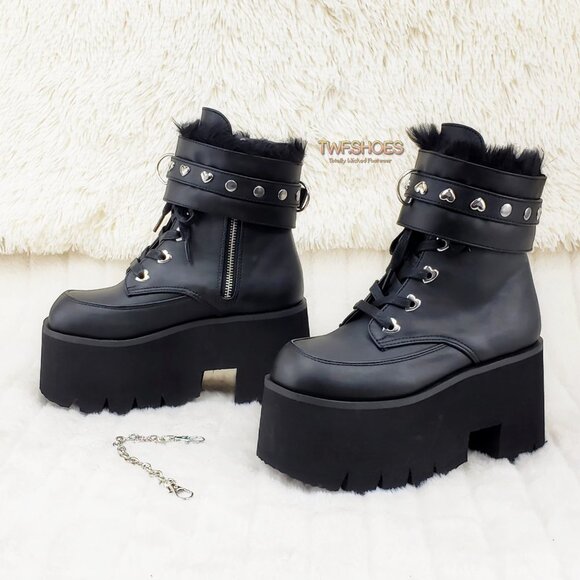 Goth Punk Platform Ankle Boots Furry Chain Cuff 57 - Picture 12 of 16